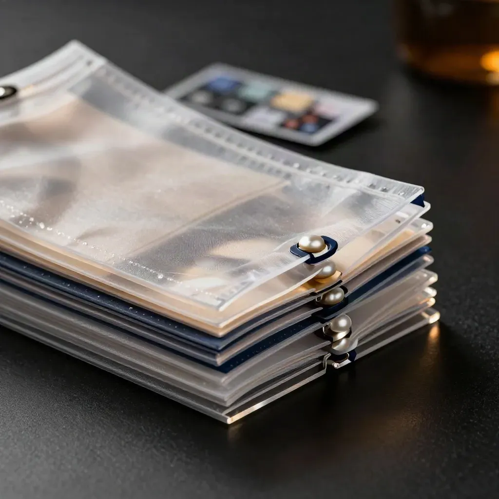 Translucent social template sleeves with acrylic spacers on a dark studio surface, lit dramatically.
