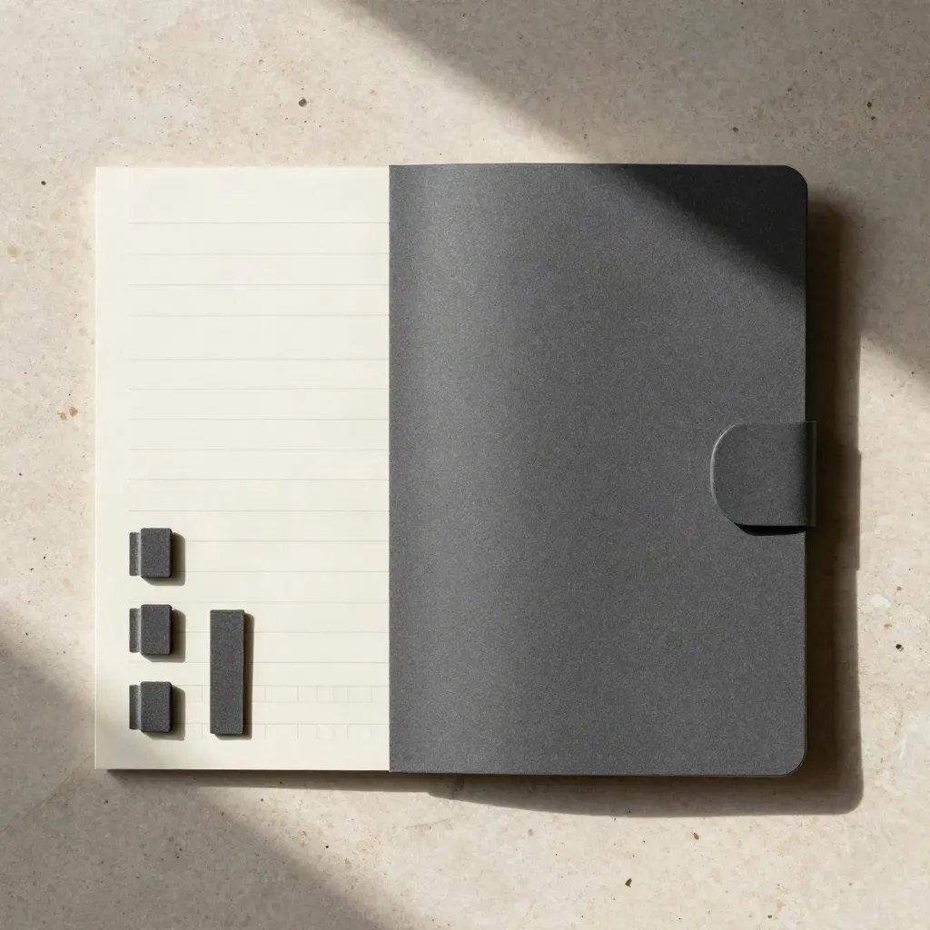 Charcoal audit booklet, memo card, and dividers on pale stone, overhead.