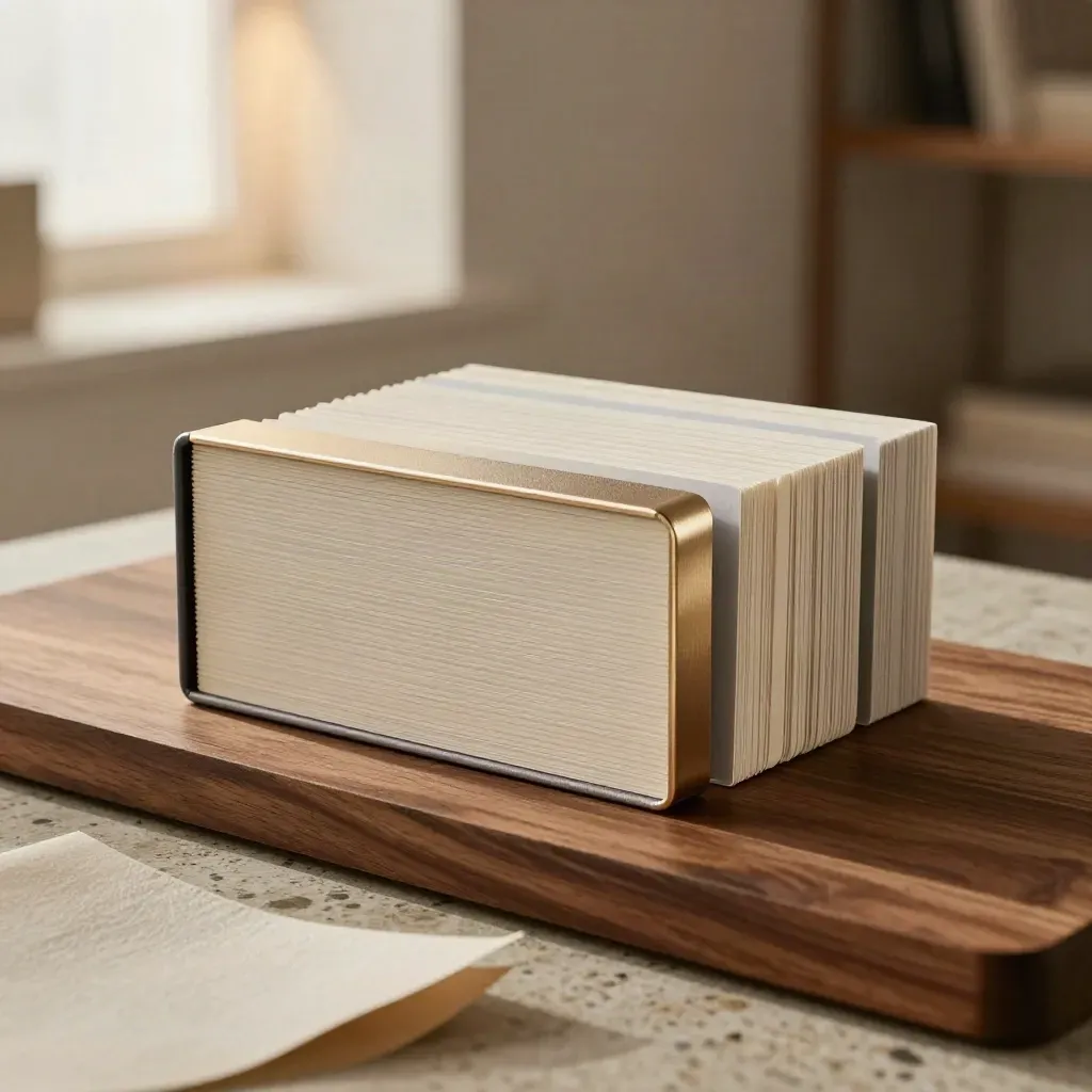 Luxury brand identity proof cards opening in a warm studio, with a gold-edged spine and soft blur.