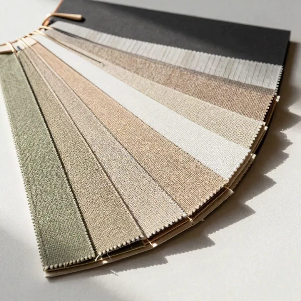 Overhead macro of a linen swatch fan arcing across a plaster surface