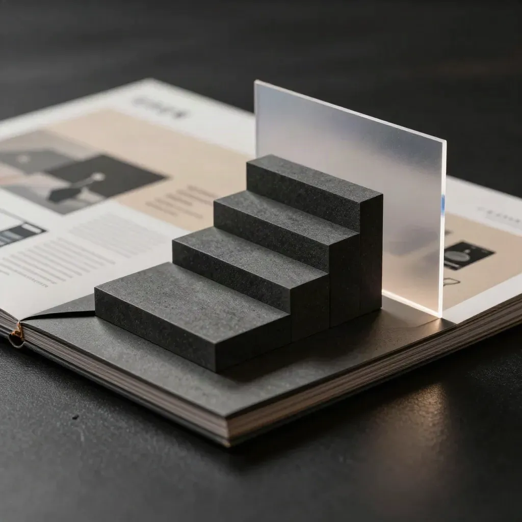 Charcoal homepage maquette blocks step upward in a dark studio product shot.