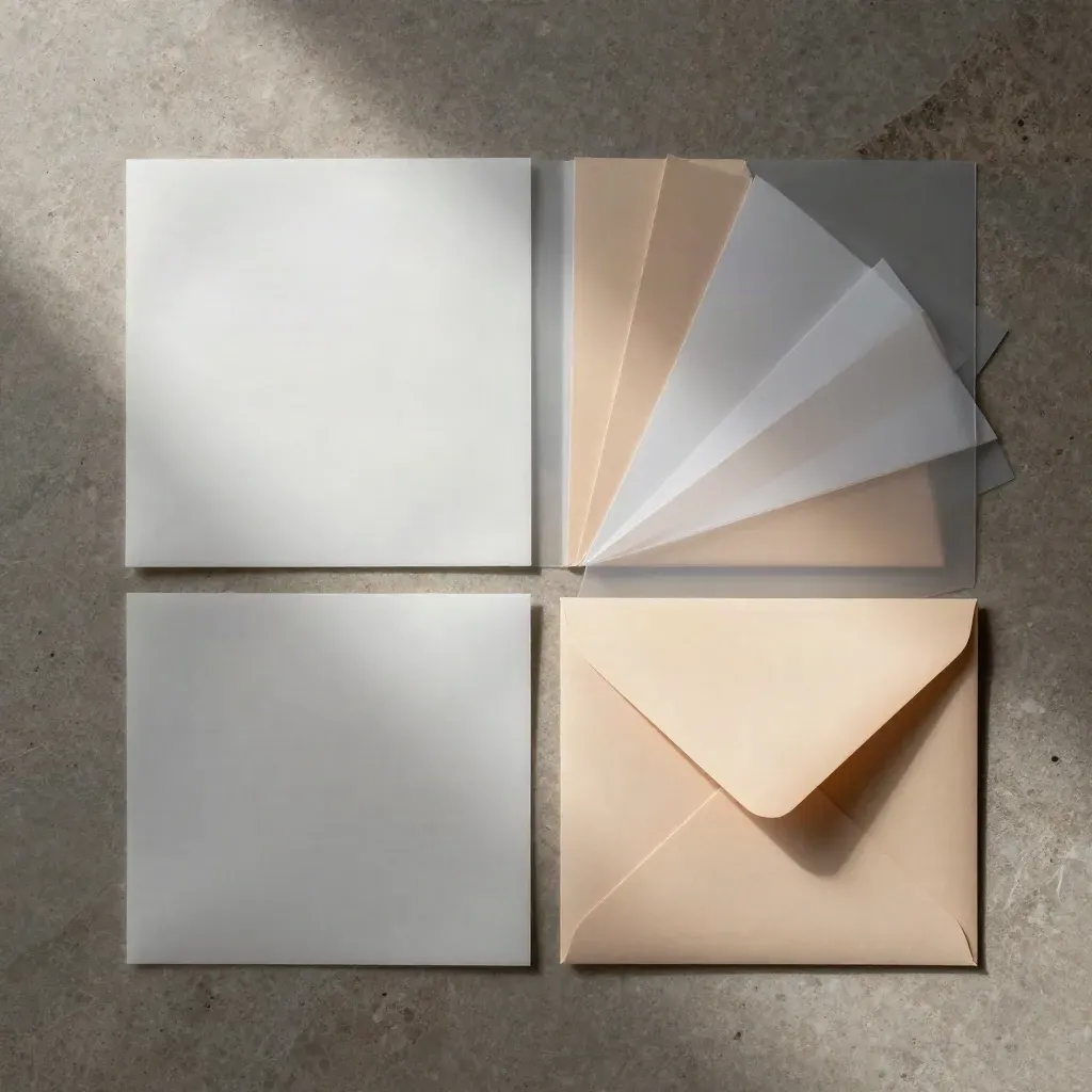 Overhead flatlay of blank label sheets, film overlays, envelope liners and a folded box wrap on stone.