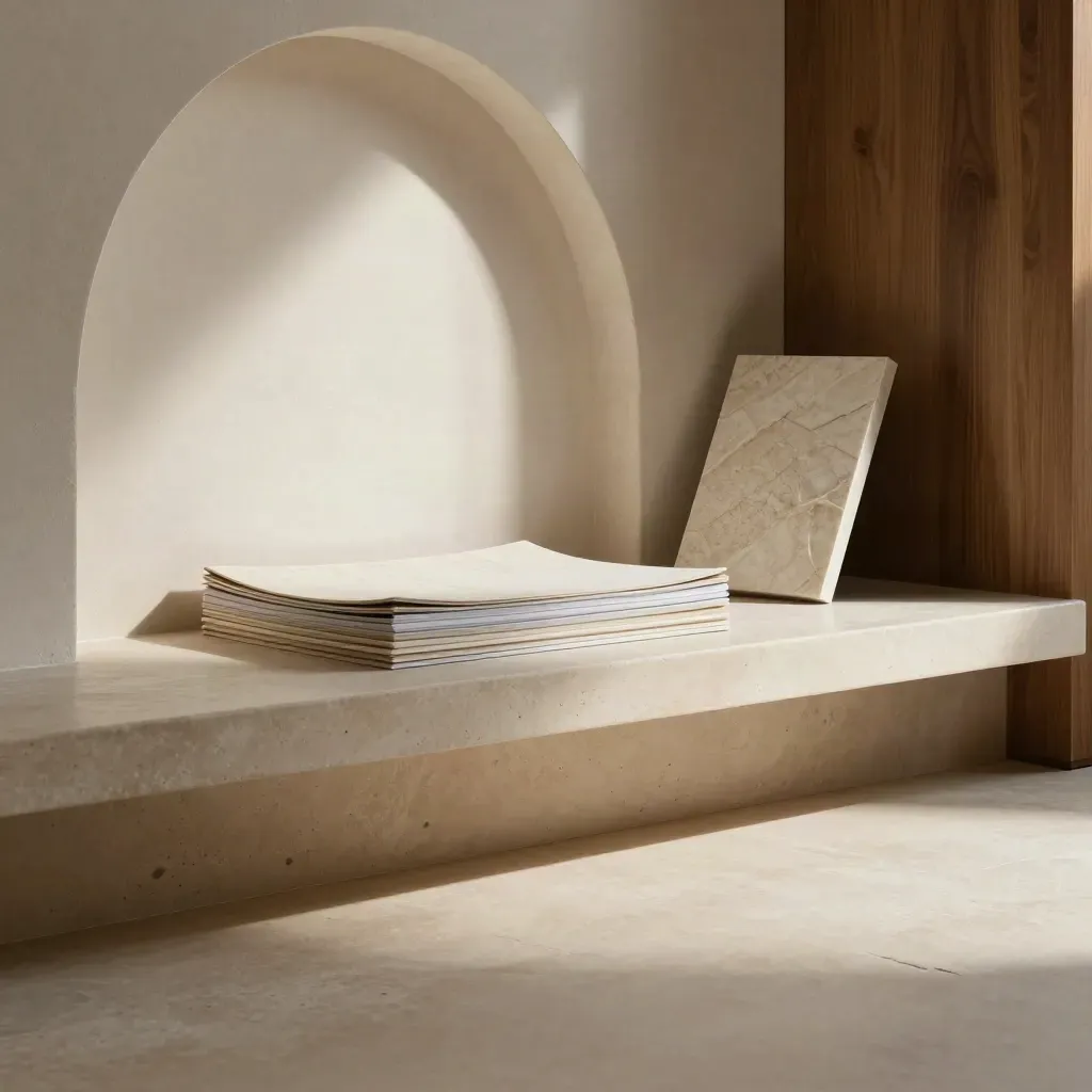 Limestone atelier with arched plaster wall, stone ledge, and soft dawn beam over neutral brand materials.